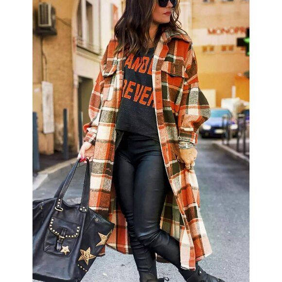 Women's Wool Blend Plaid Shacket Long Jacket Pockets Fall Winter - Picture 2 of 6